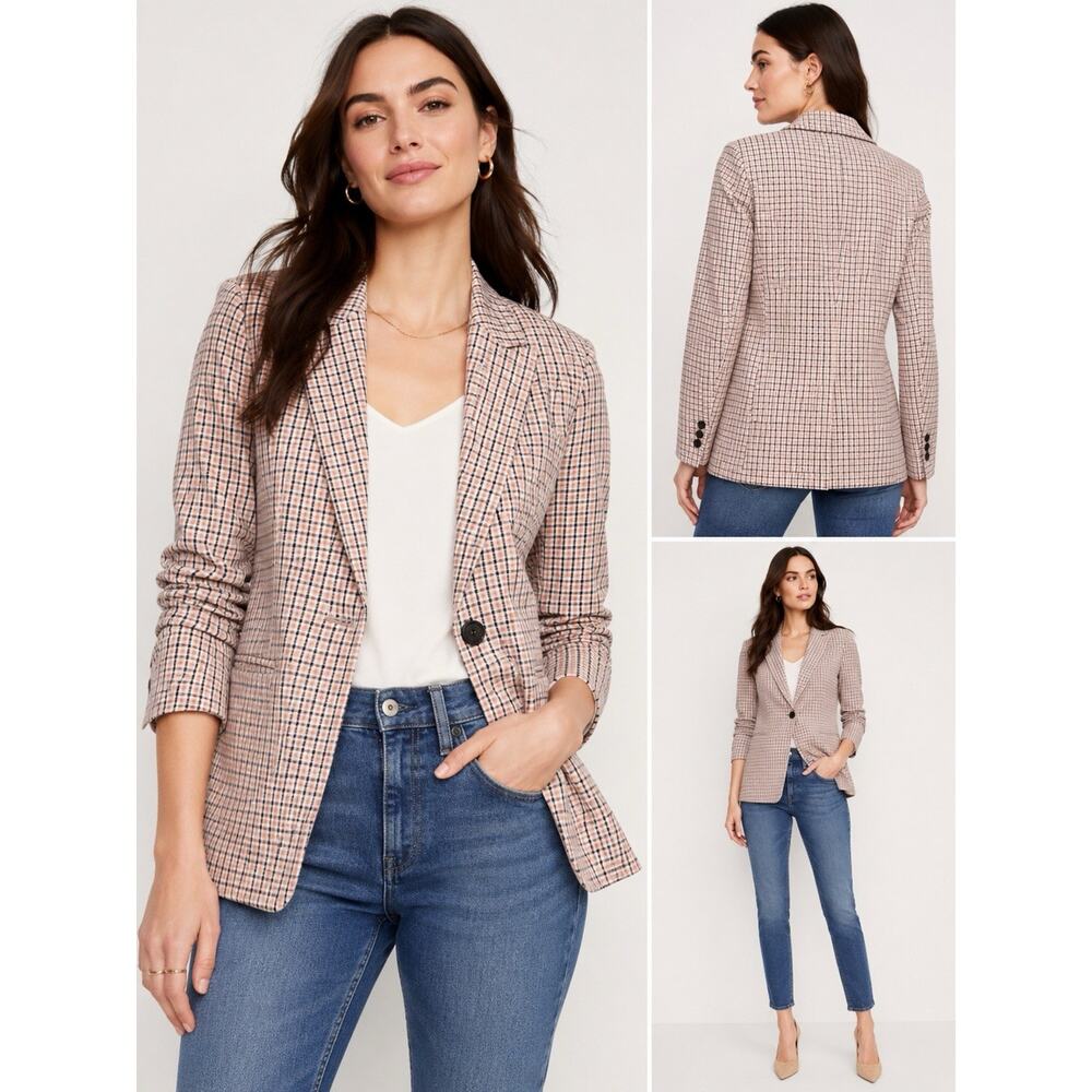 Banana Republic W Long & Lean Blazer 4 Pink Navy Plaid Stretch Career Academia
